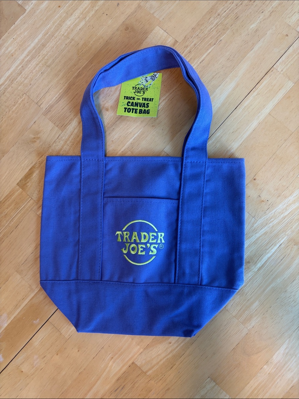 NWT Trader Joe's Purple Canvas Tote with Acid Yellow Logo